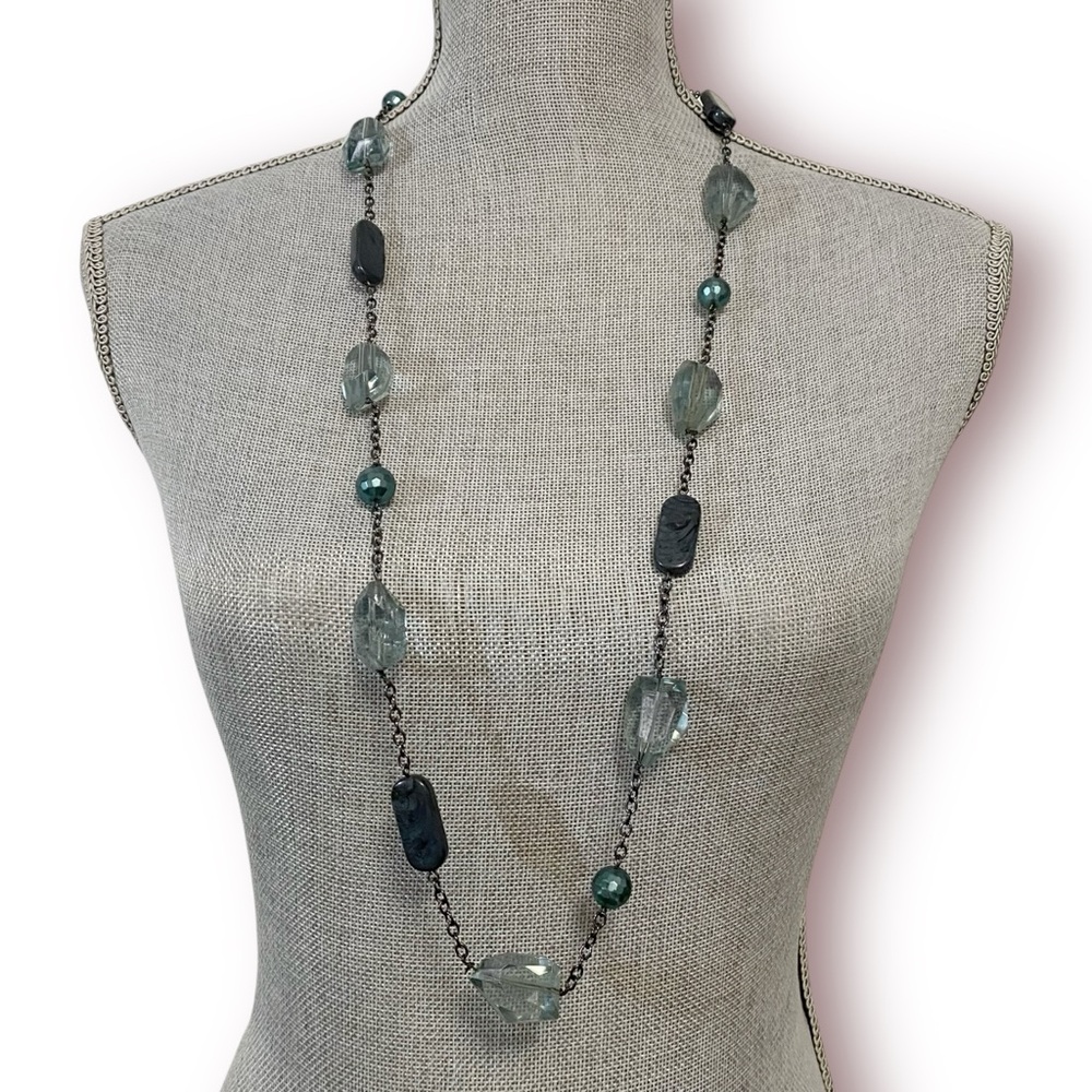 LIA SOPHIA Blue Ice Long Necklace Chunky Beads Gunmetal Findings